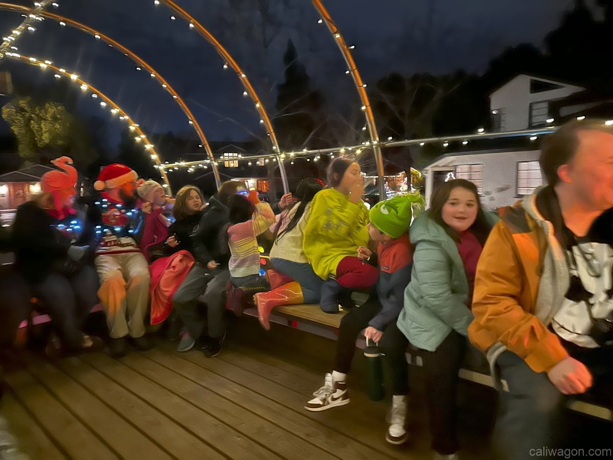 Riders aboard the Cali Wagon under lit hoops on a decorated Willow Glen street, December 2024 (photo 15 of 81)