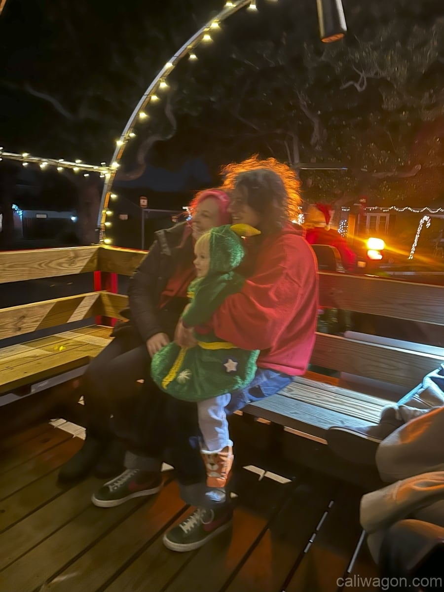 Riders aboard the Cali Wagon under lit hoops on a decorated Willow Glen street, December 2024 (photo 20 of 81)