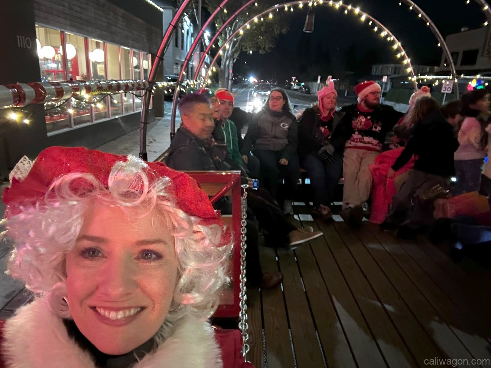 Riders aboard the Cali Wagon under lit hoops on a decorated Willow Glen street, December 2024 (photo 22 of 81)