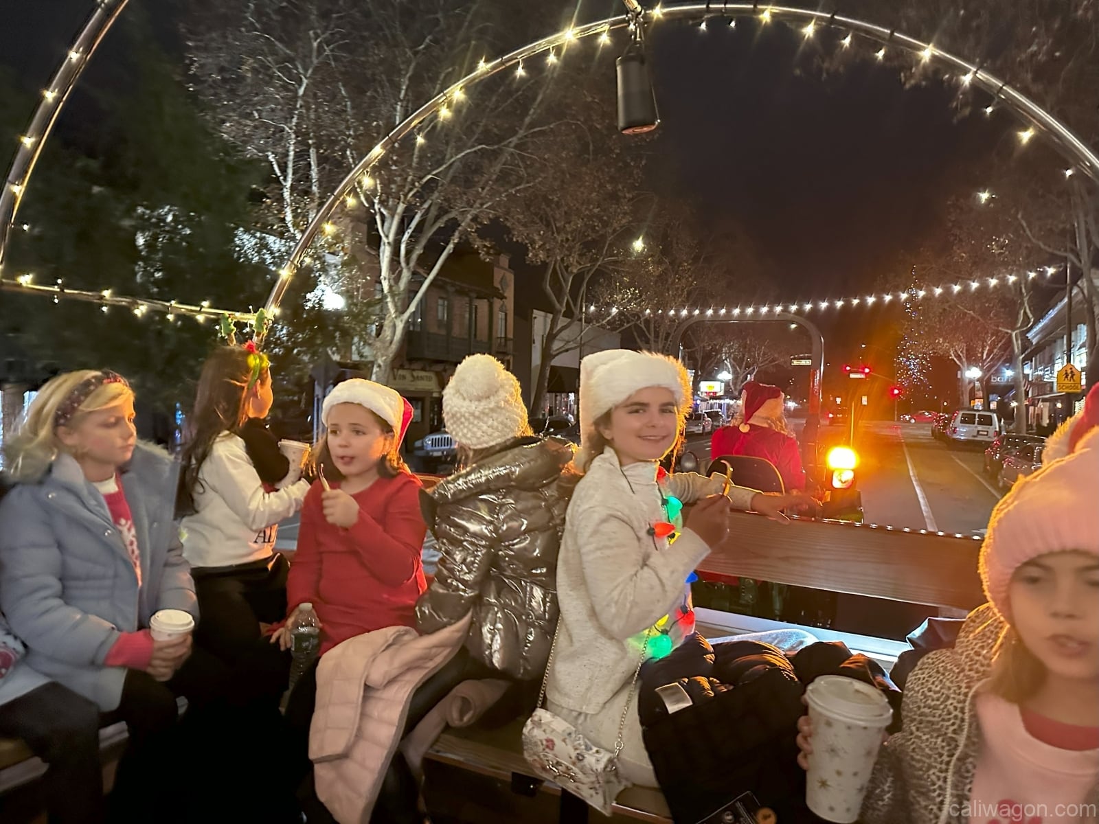 Riders aboard the Cali Wagon under lit hoops on a decorated Willow Glen street, December 2024 (photo 5 of 81)