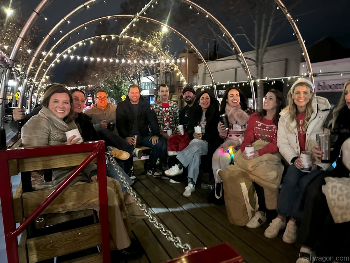 Riders aboard the Cali Wagon under lit hoops on a decorated Willow Glen street, December 2024 (photo 3 of 81)