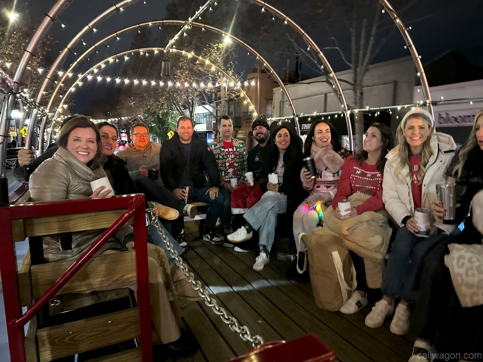 Riders aboard the Cali Wagon under lit hoops on a decorated Willow Glen street, December 2024 (photo 3 of 81)