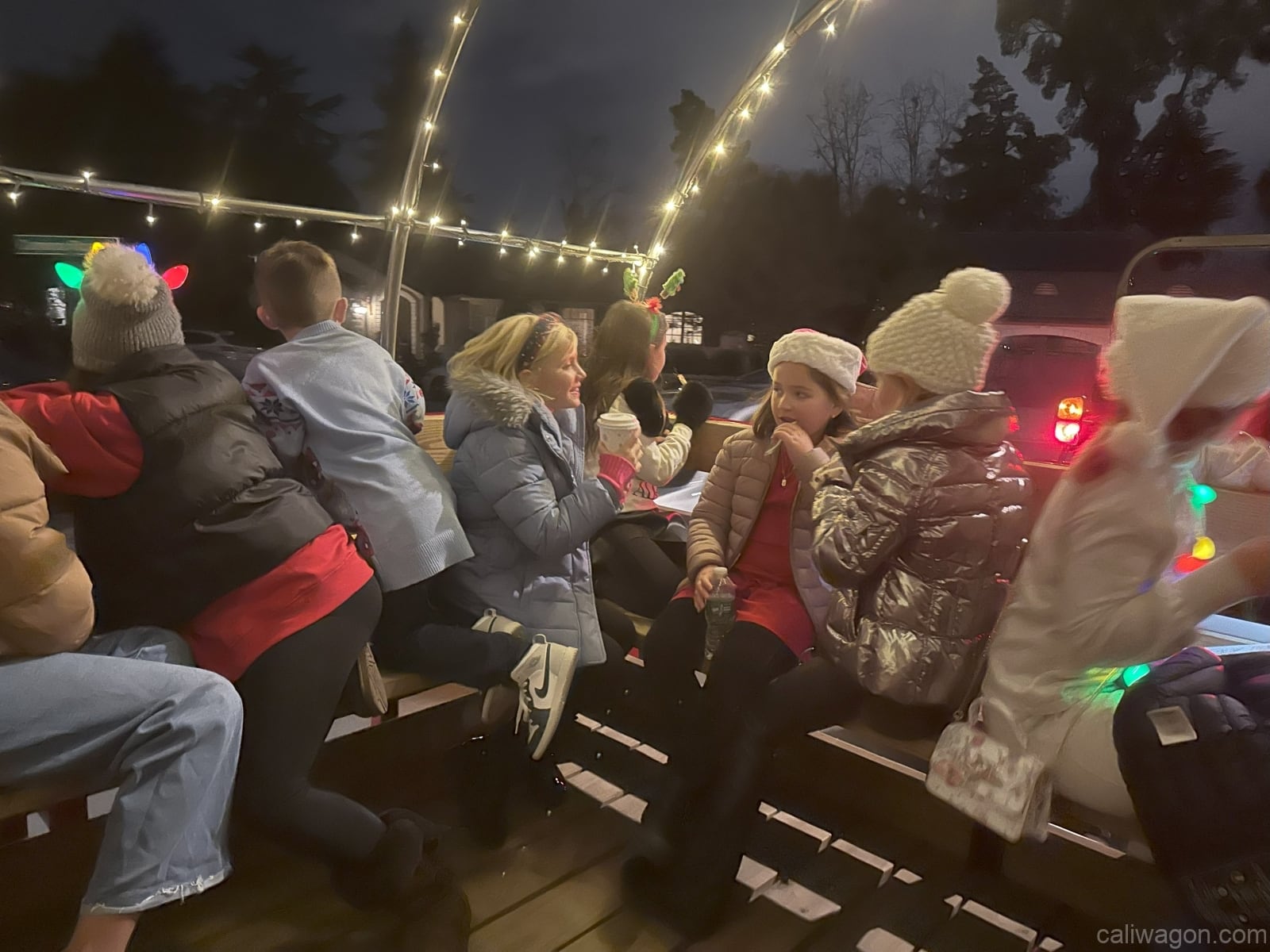 Riders aboard the Cali Wagon under lit hoops on a decorated Willow Glen street, December 2024 (photo 6 of 81)