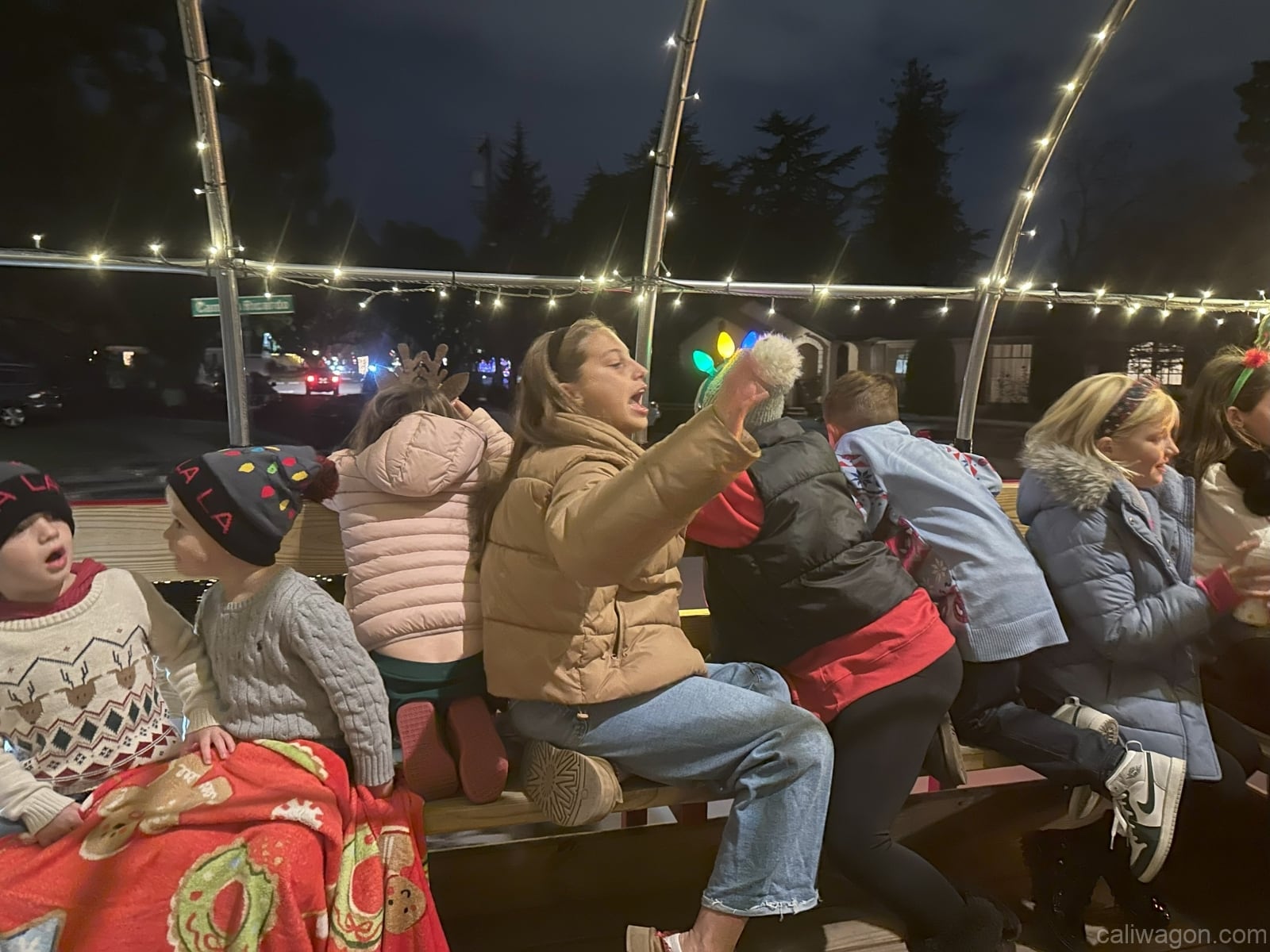 Riders aboard the Cali Wagon under lit hoops on a decorated Willow Glen street, December 2024 (photo 8 of 81)