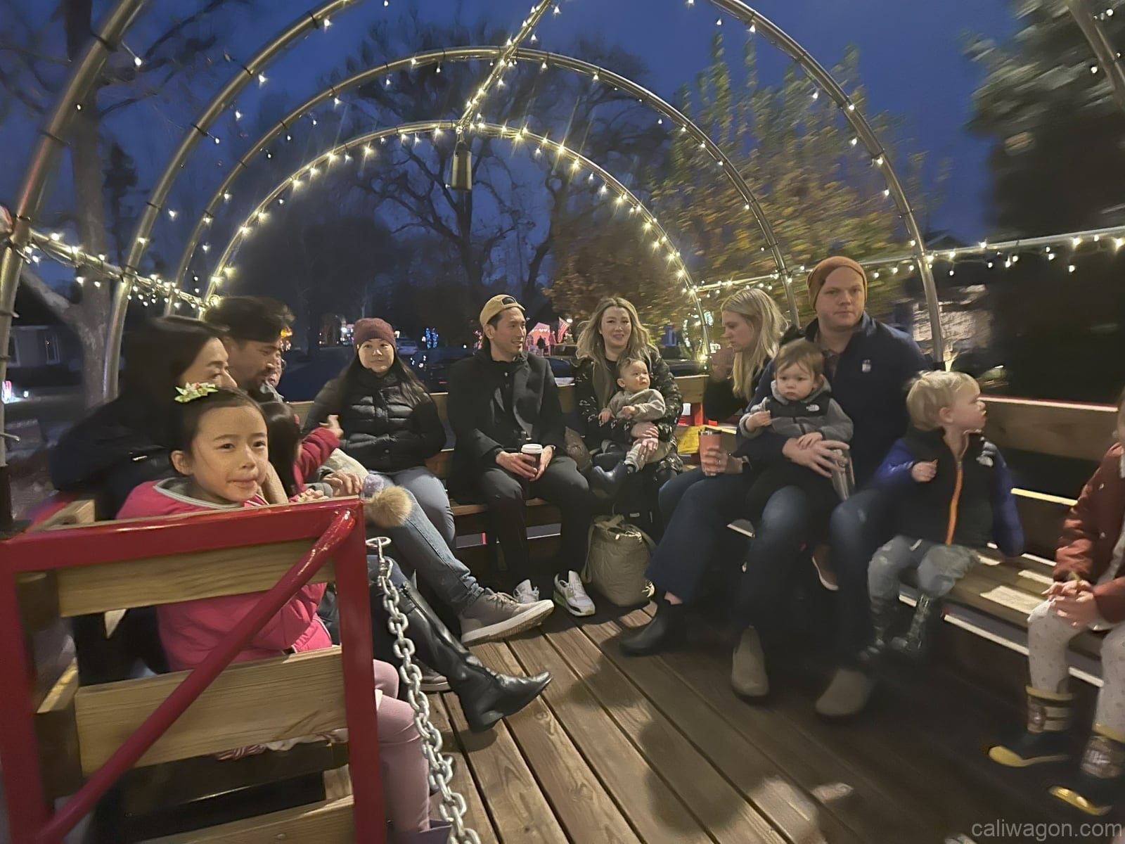 Riders aboard the Cali Wagon under lit hoops on a decorated Willow Glen street, December 2024 (photo 9 of 81)