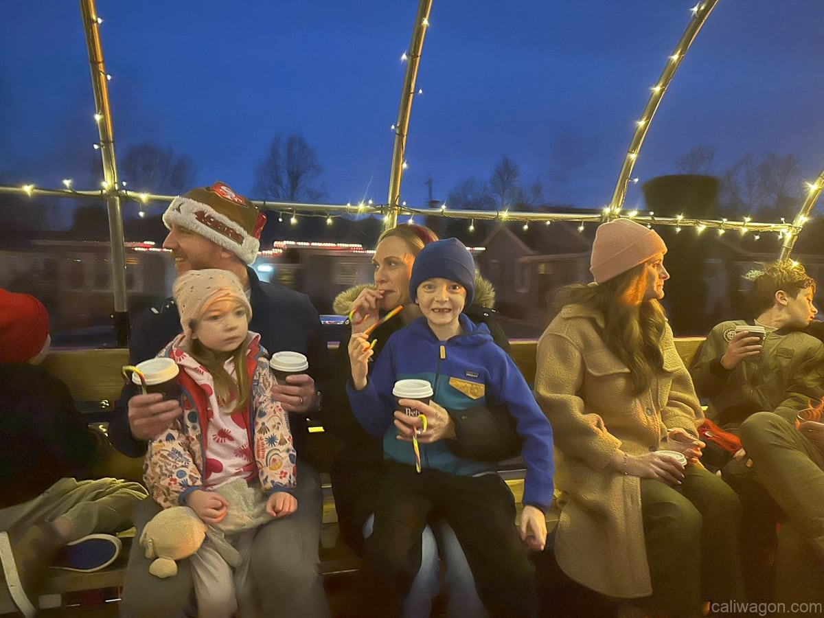Riders aboard the Cali Wagon under lit hoops on a decorated Willow Glen street, December 2024 (photo 11 of 81)