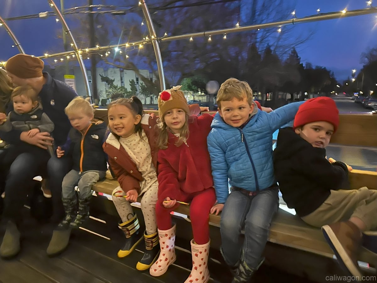 Riders aboard the Cali Wagon under lit hoops on a decorated Willow Glen street, December 2024 (photo 10 of 81)