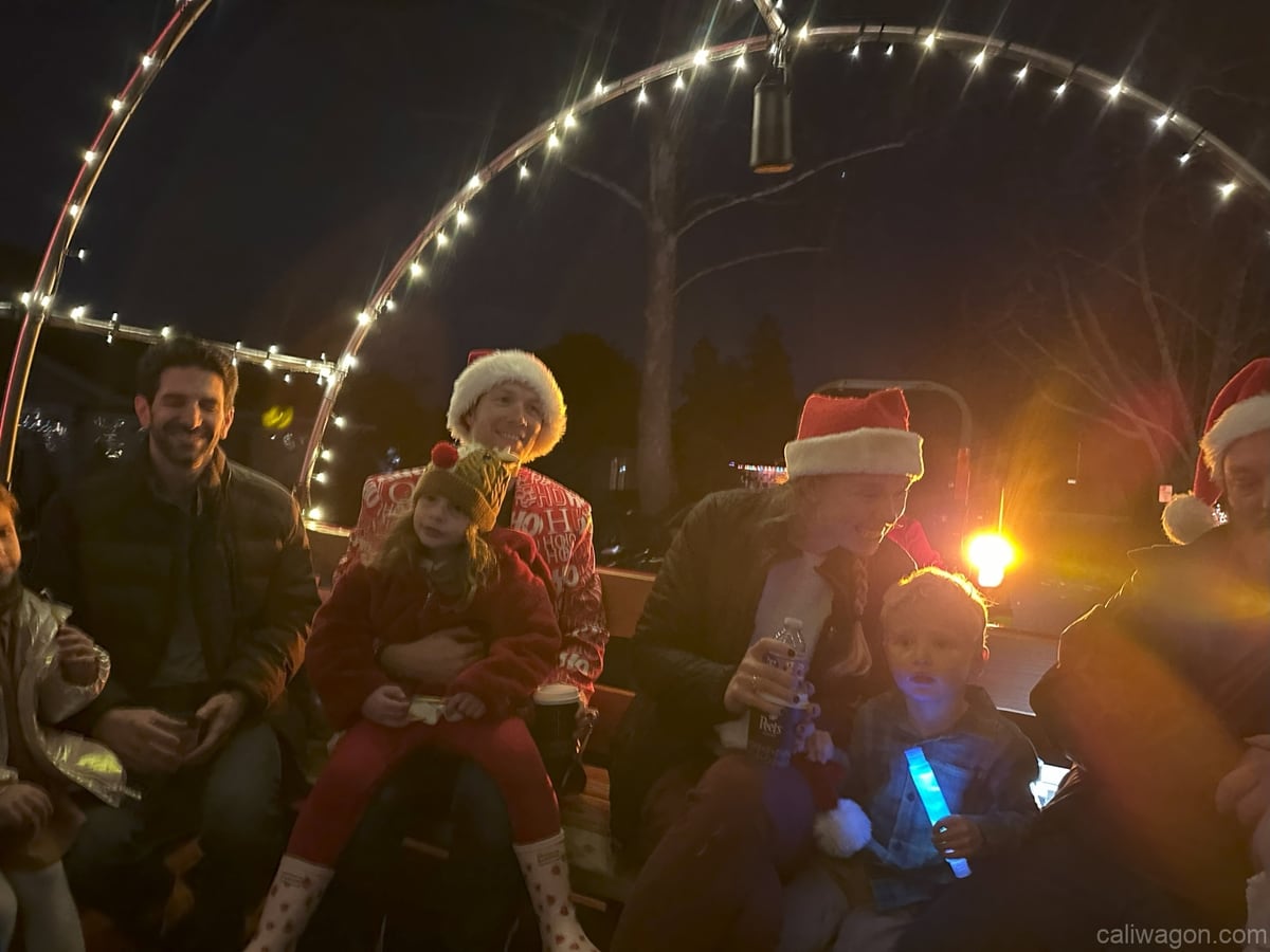 Riders aboard the Cali Wagon under lit hoops on a decorated Willow Glen street, December 2024 (photo 7 of 81)