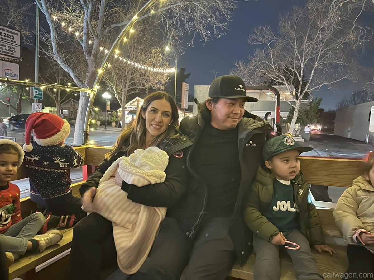 Riders aboard the Cali Wagon under lit hoops on a decorated Willow Glen street, December 2024 (photo 44 of 81)