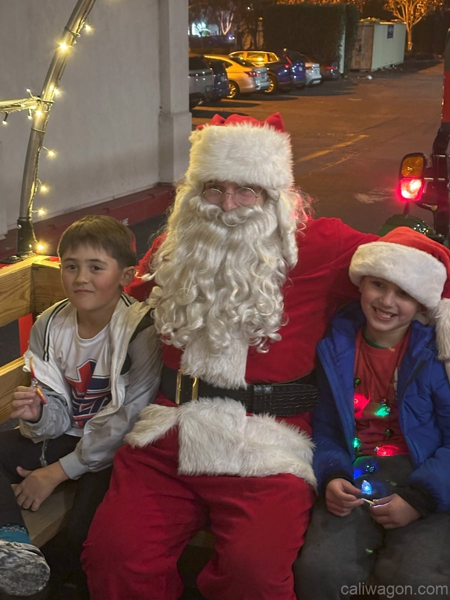 Riders aboard the Cali Wagon under lit hoops on a decorated Willow Glen street, December 2024 (photo 47 of 81)