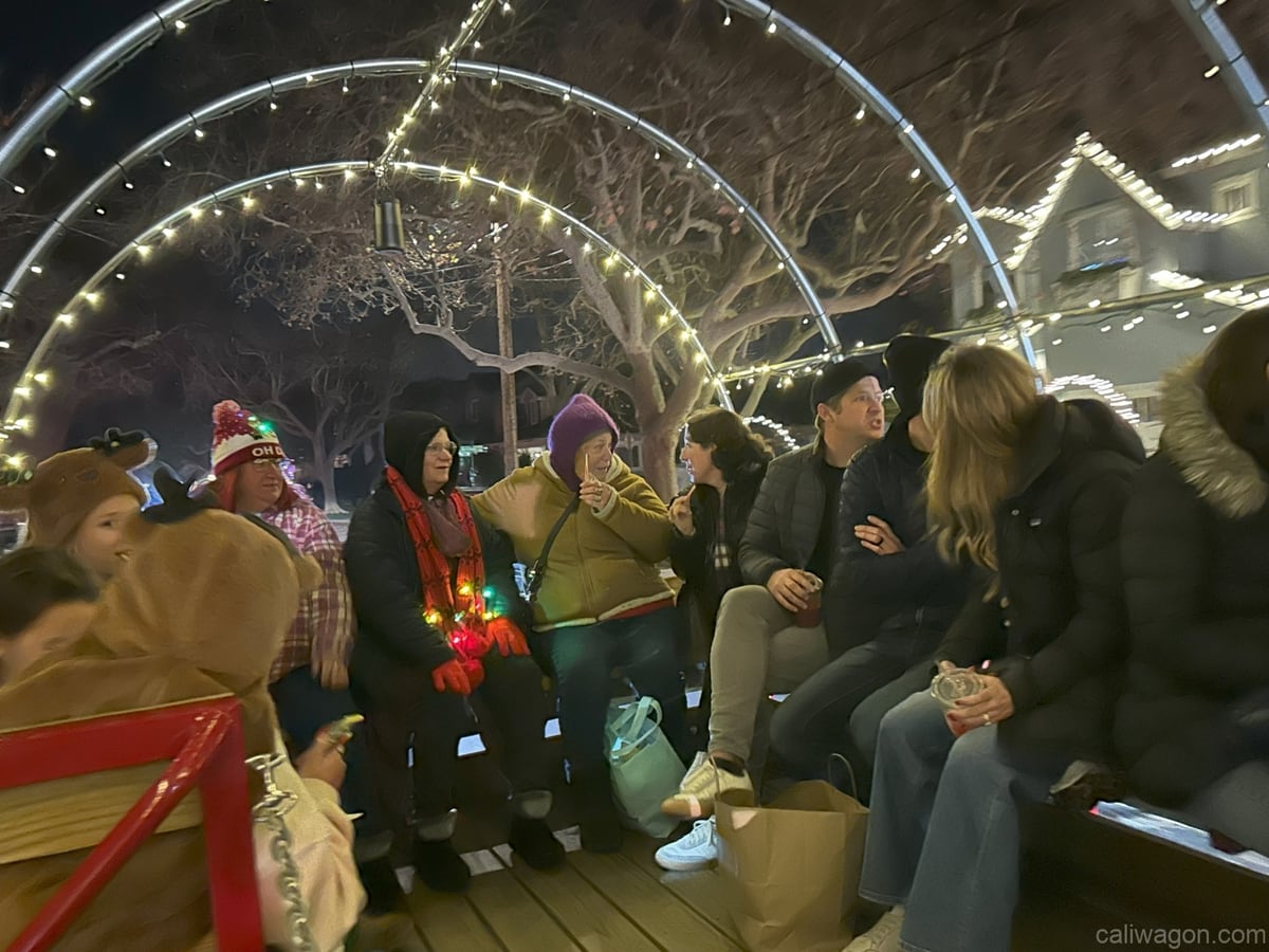 Riders aboard the Cali Wagon under lit hoops on a decorated Willow Glen street, December 2024 (photo 52 of 81)