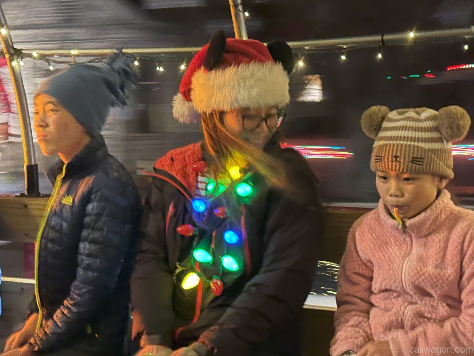 Riders aboard the Cali Wagon under lit hoops on a decorated Willow Glen street, December 2024 (photo 55 of 81)