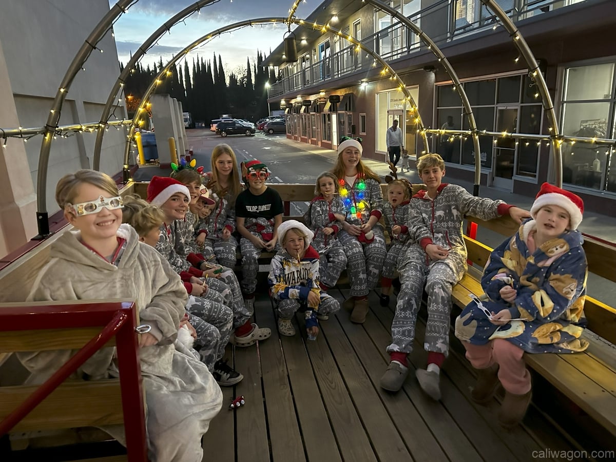 Riders aboard the Cali Wagon under lit hoops on a decorated Willow Glen street, December 2024 (photo 64 of 81)