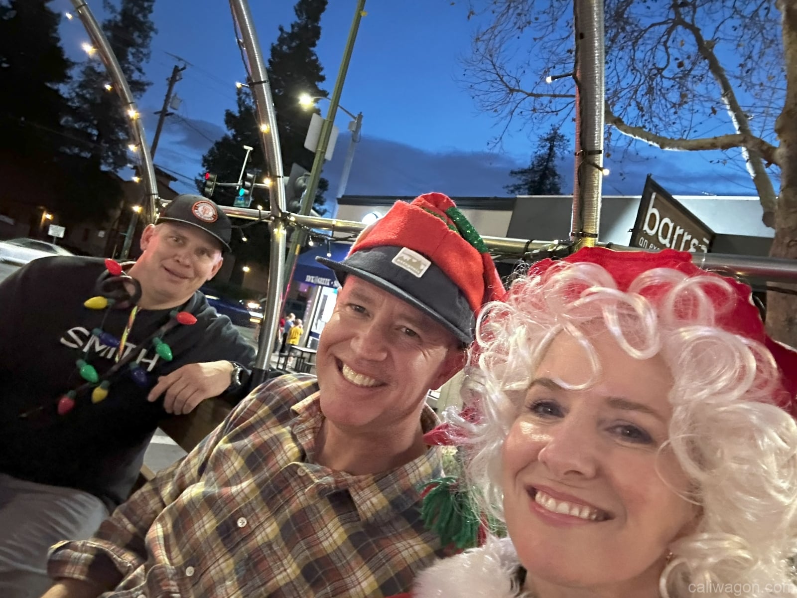 Riders aboard the Cali Wagon under lit hoops on a decorated Willow Glen street, December 2024 (photo 69 of 81)
