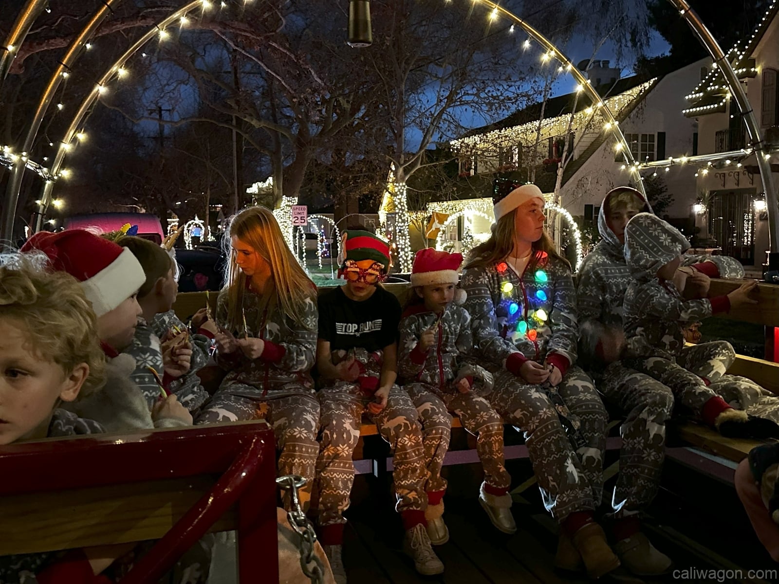 Riders aboard the Cali Wagon under lit hoops on a decorated Willow Glen street, December 2024 (photo 70 of 81)