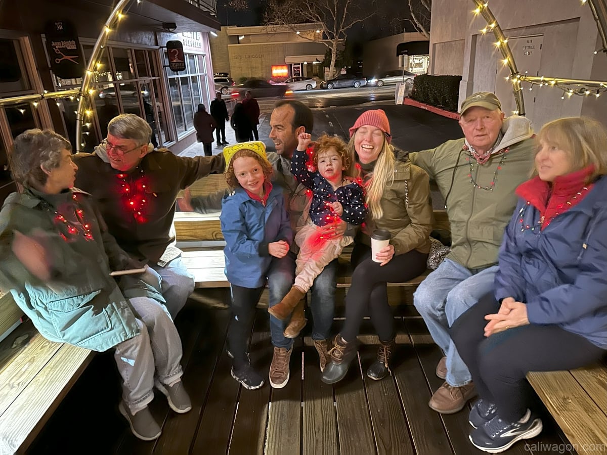 Riders aboard the Cali Wagon under lit hoops on a decorated Willow Glen street, December 2024 (photo 73 of 81)