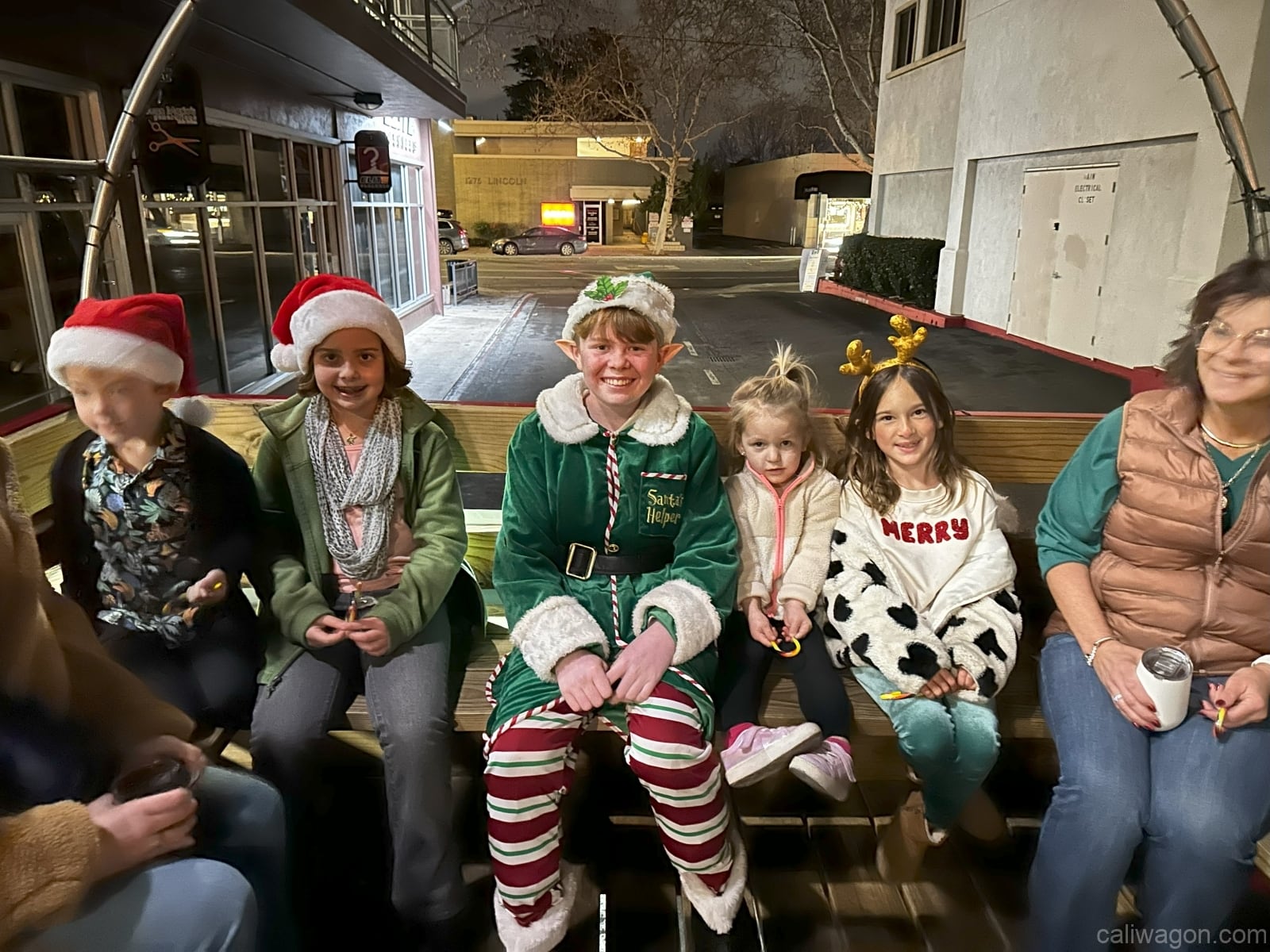 Riders aboard the Cali Wagon under lit hoops on a decorated Willow Glen street, December 2024 (photo 76 of 81)