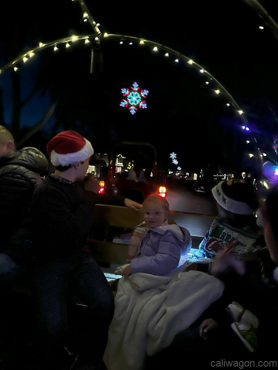 Riders aboard the Cali Wagon under lit hoops on a decorated Willow Glen street, December 2024 (photo 30 of 81)